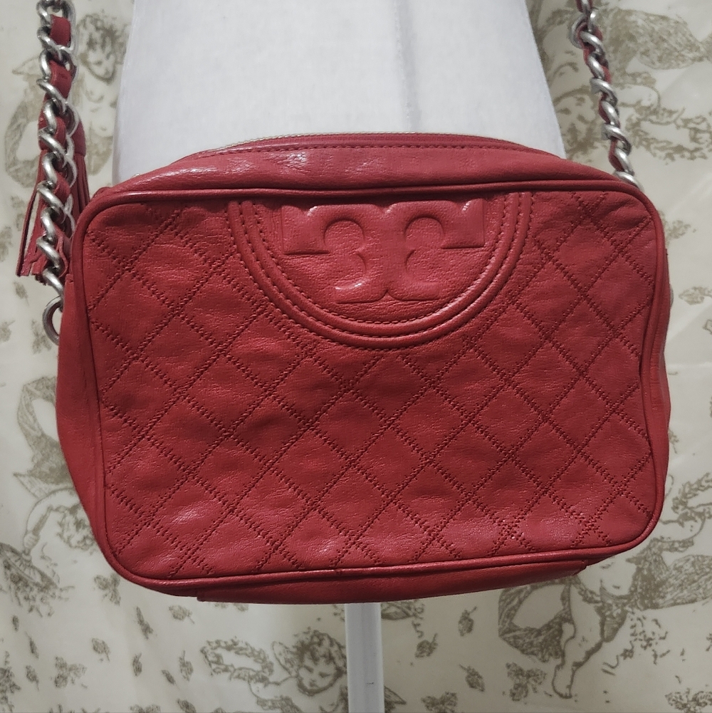 Tory Burch Holiday Red Quilted Leather Fleming Distressed Chain Crossbody